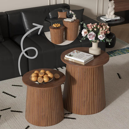 Nesting Coffee Table Set of 2, Round End Table with Storage, Farmhouse Side Table with Removable