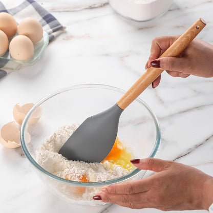Country Kitchen Non Stick Silicone Utensil Set with Rounded Wood Handles for Cooking and Baking, 14