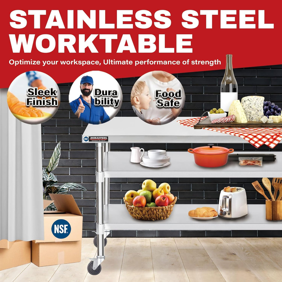 DuraSteel Stainless Steel Work Table 24" x 48" x 34" Height w/ 4 Caster Wheels - Food Prep