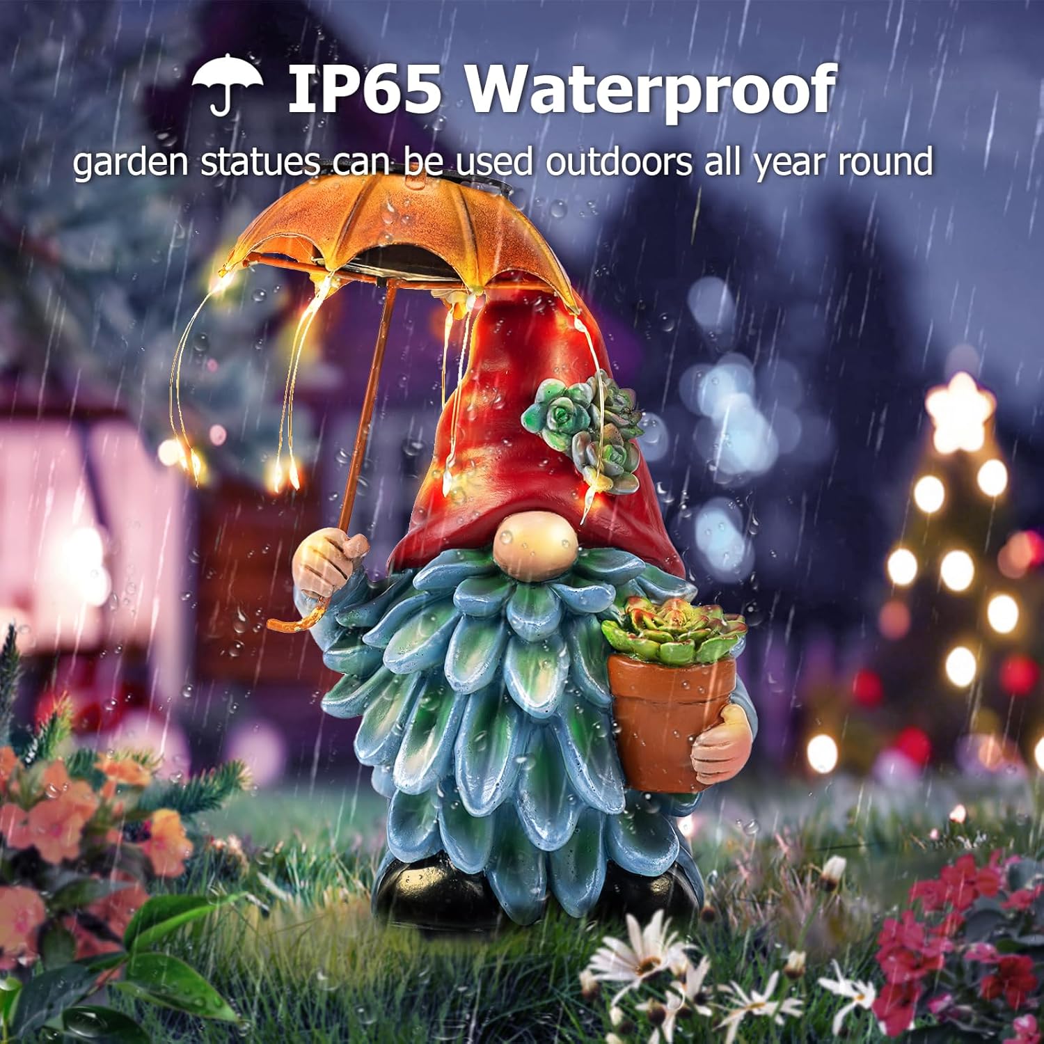 Solar Outdoor Statues Gnome Garden Decor, Garden Gnome with Solar LED Umbrella Decorative for