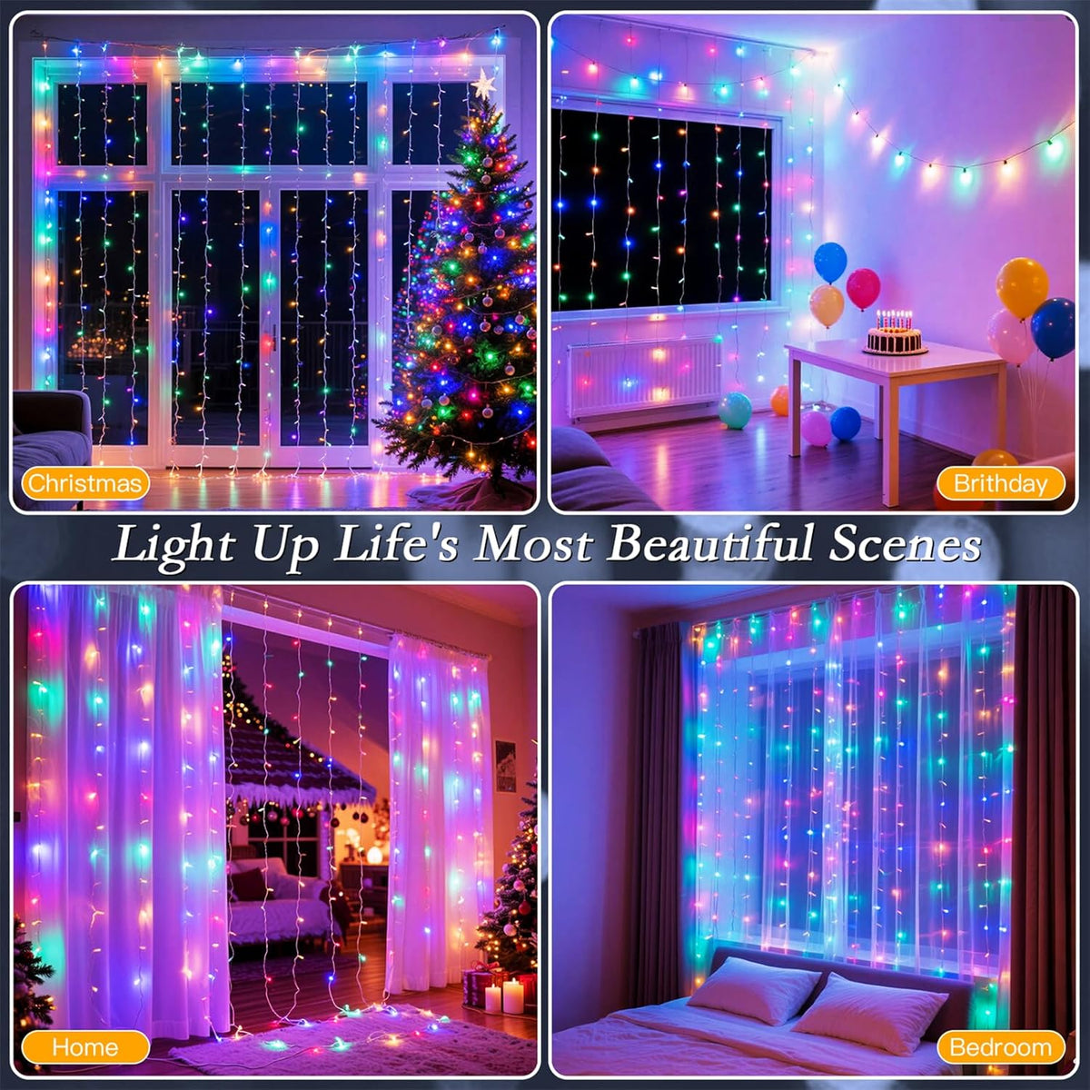 200 LED Rainbow Curtain String Lights 9.8 * 6.6FT Plug in Fairy with Timer and 8 Modes, Waterproof
