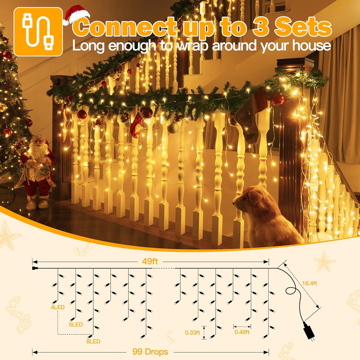 Ollny Icicle Lights Outdoor Warm White, 594LED 49FT Christmas Lights with Remote 8 Modes Dimmable