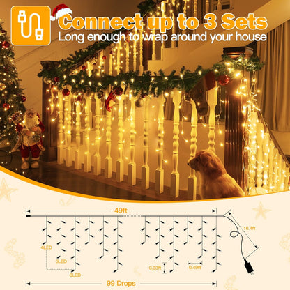 Ollny Icicle Lights Outdoor Warm White, 594LED 49FT Christmas Lights with Remote 8 Modes Dimmable