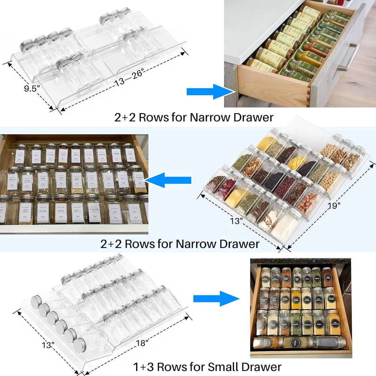 Antimbee Spice Drawer Organizer, 4 Tier- 8 Pack Kitchen Spice Rack Tray for Drawer, Expandable From