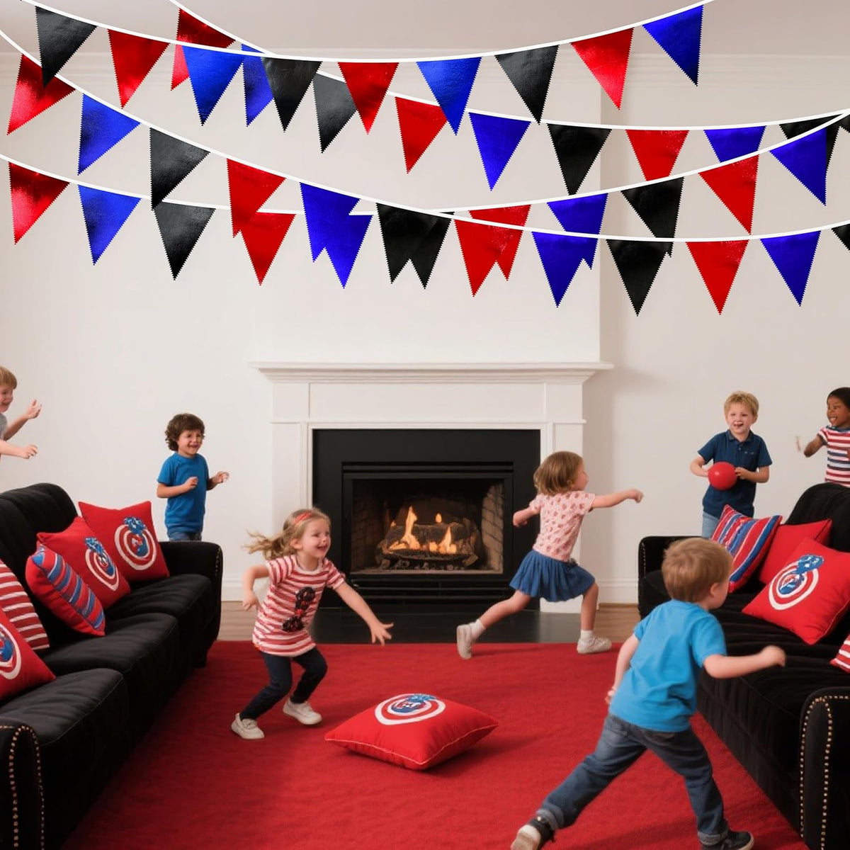 Navy Blue Red Black Party Decorations Metallic Fabric Triangle Pennant Banner Flag Bunting Garland