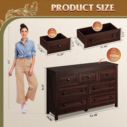 WLIVE Farmhouse Dresser for Bedroom, 51.18'' Wide 7 Drawer Wood Dresser, TV Stand for 65 inch TV