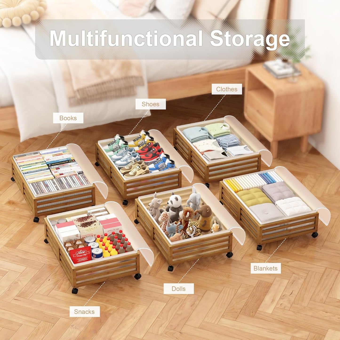 Under Bed Storage with Wheels-Large Bamboo Underbed storage Containers with Large Dust Bag