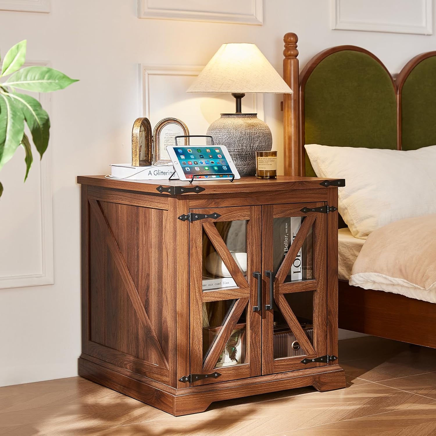 24" End Table with Charging Station, Farmhouse Night Stand with Glass Barn Door, Green Nightstands