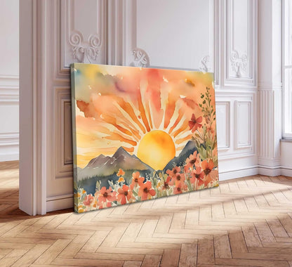 Boho Sun Canvas Wall art Mid-Century Modern Abstract Bohemian Sunset in The Mountains Watercolor