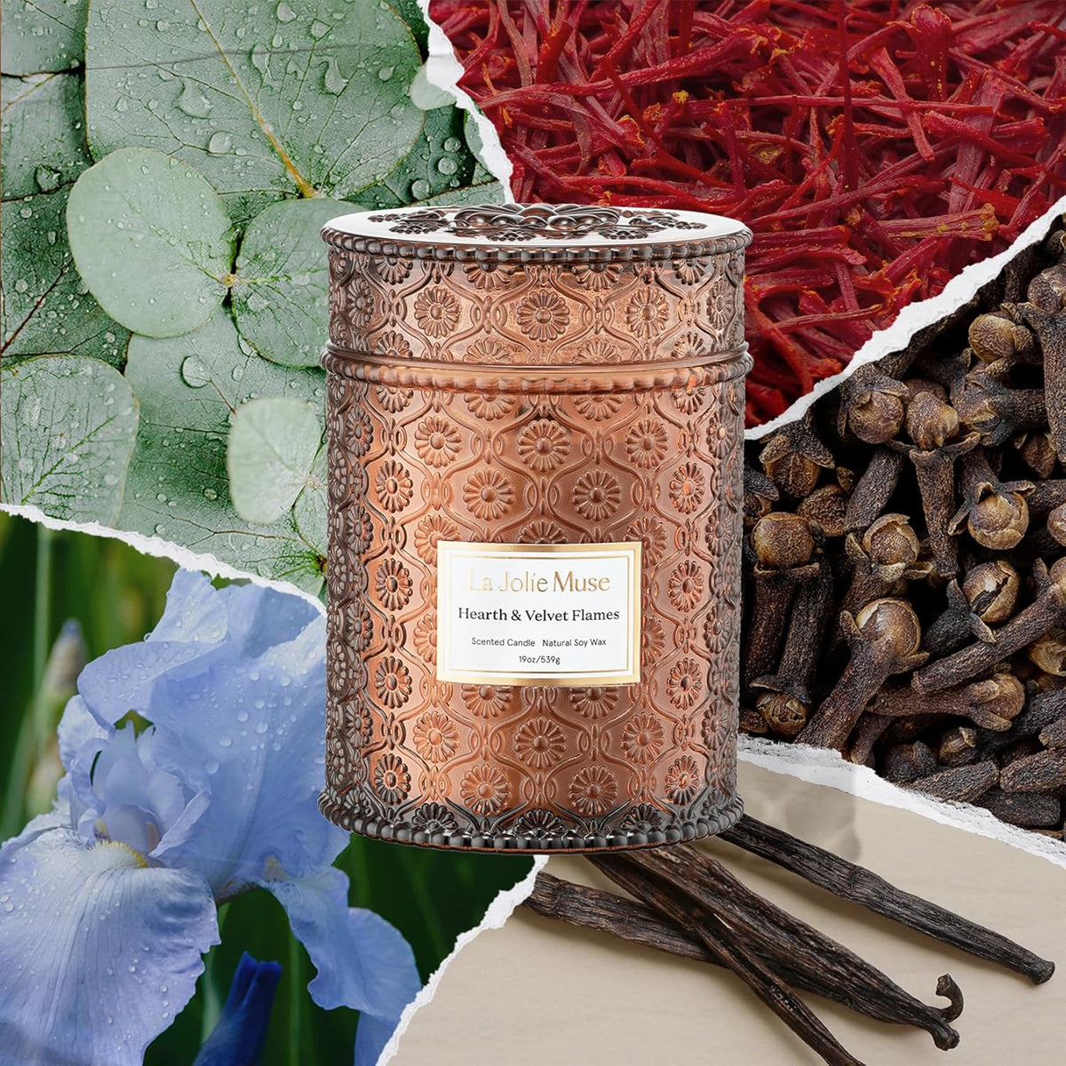 LA JOLIE MUSE Hearth & Velvet Flames Candle - Saffron, Clove, Vanilla | 19 oz Large Wooden Wick