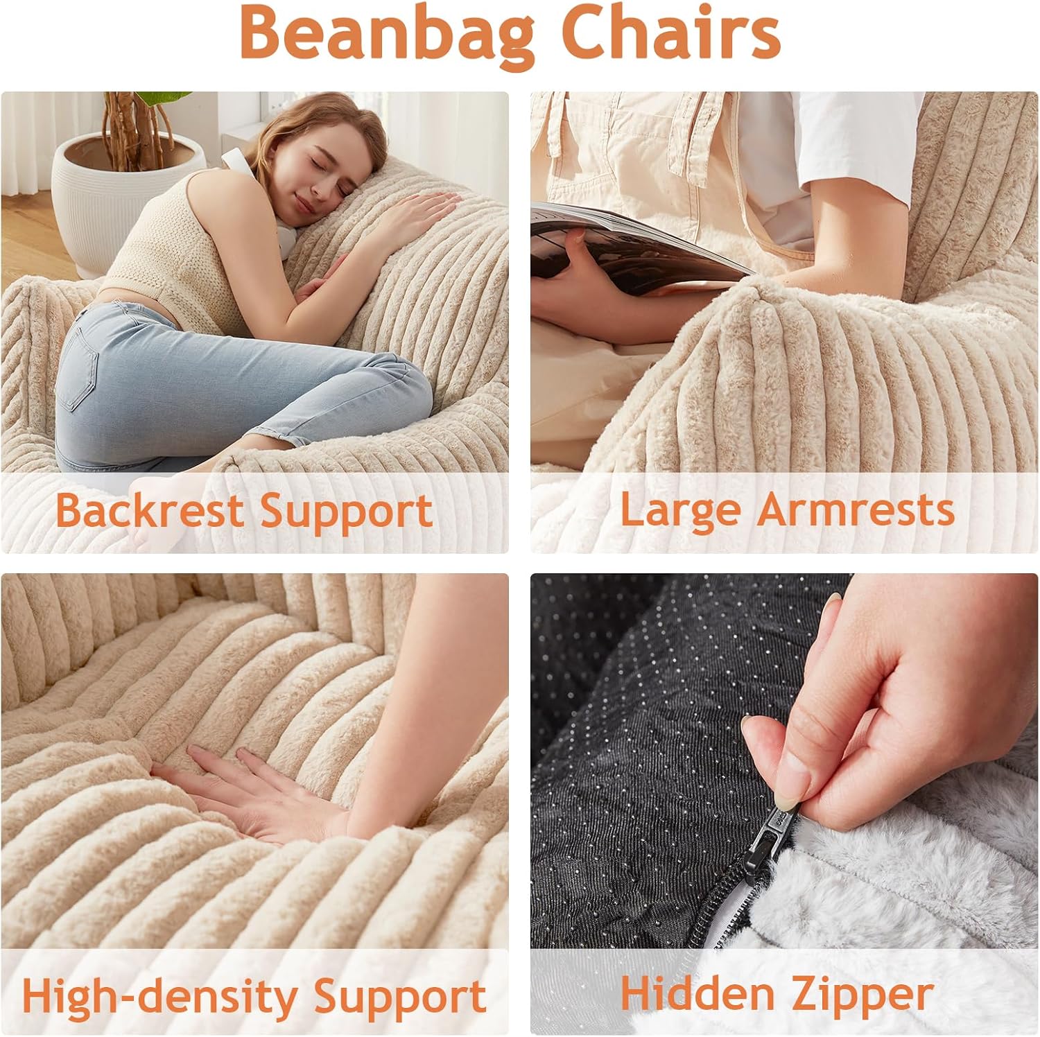 Giant Bean Bag Chairs for Adults with Filling Plush Fluffy Bean Bag Chairs for Teens with Armrests