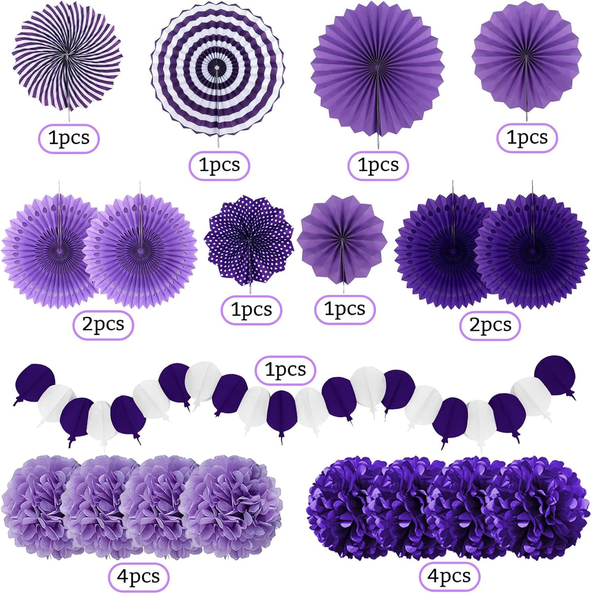 Party Decorations, Purple Papar Fans Pompoms Garlands for Women Girls Mothers Day Bachelorette