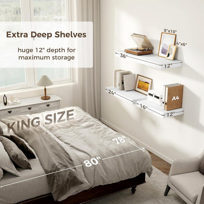 White Floating Shelves 36 Inch Long, 12 Inch Deep Floating Shelves for Wall, 36 x 12 Shelves for