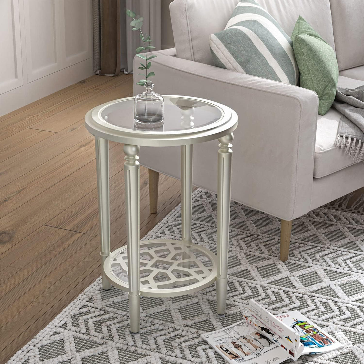 COSIEST Set of 2 Modern Round End Table, 2-Tier Glass Side Table with Glass Tabletop, Wood Accent