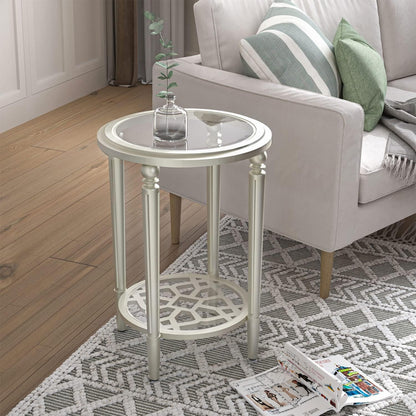 COSIEST Set of 2 Modern Round End Table, 2-Tier Glass Side Table with Glass Tabletop, Wood Accent