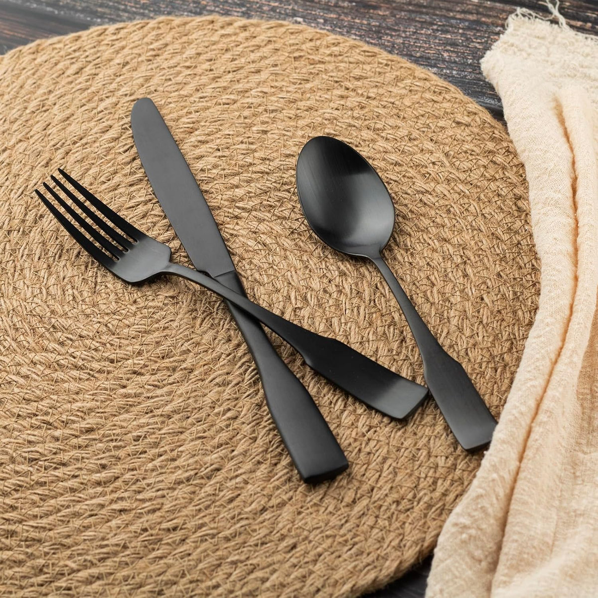 Alata Kate Black Satin 40-Piece Silverware Set, Service for 8, Stainless Steel Flatware Set, Matte
