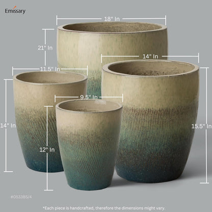 Emissary Home and Garden Bullet 12in., 14in., 15.5in., 21in. H Bayside Green Ceramic Round Planters