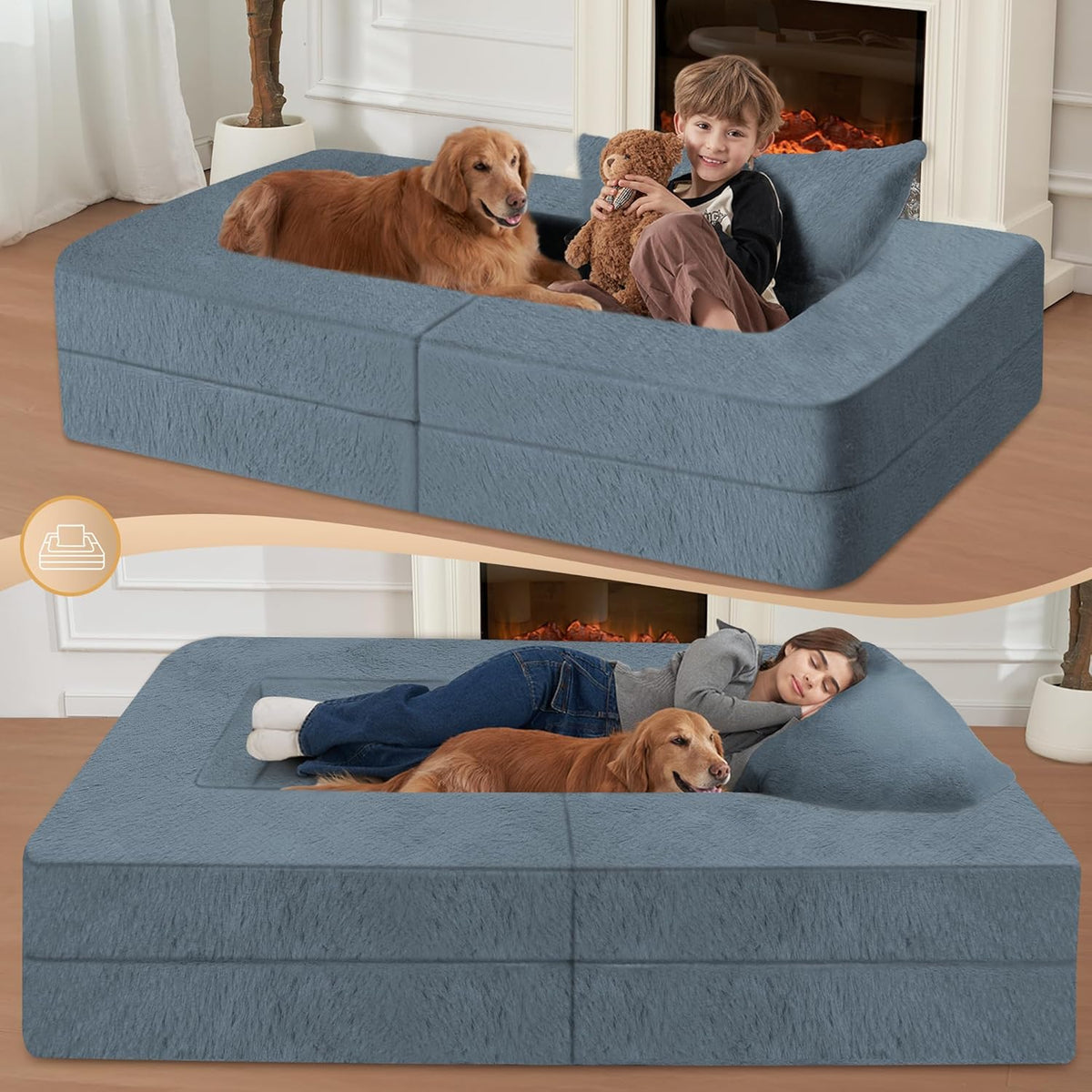 Folding Bean Bag Chair for Adults,3-in-1 Bean Bag Couch Faux Fur Floor Sofa Large Beanbag
