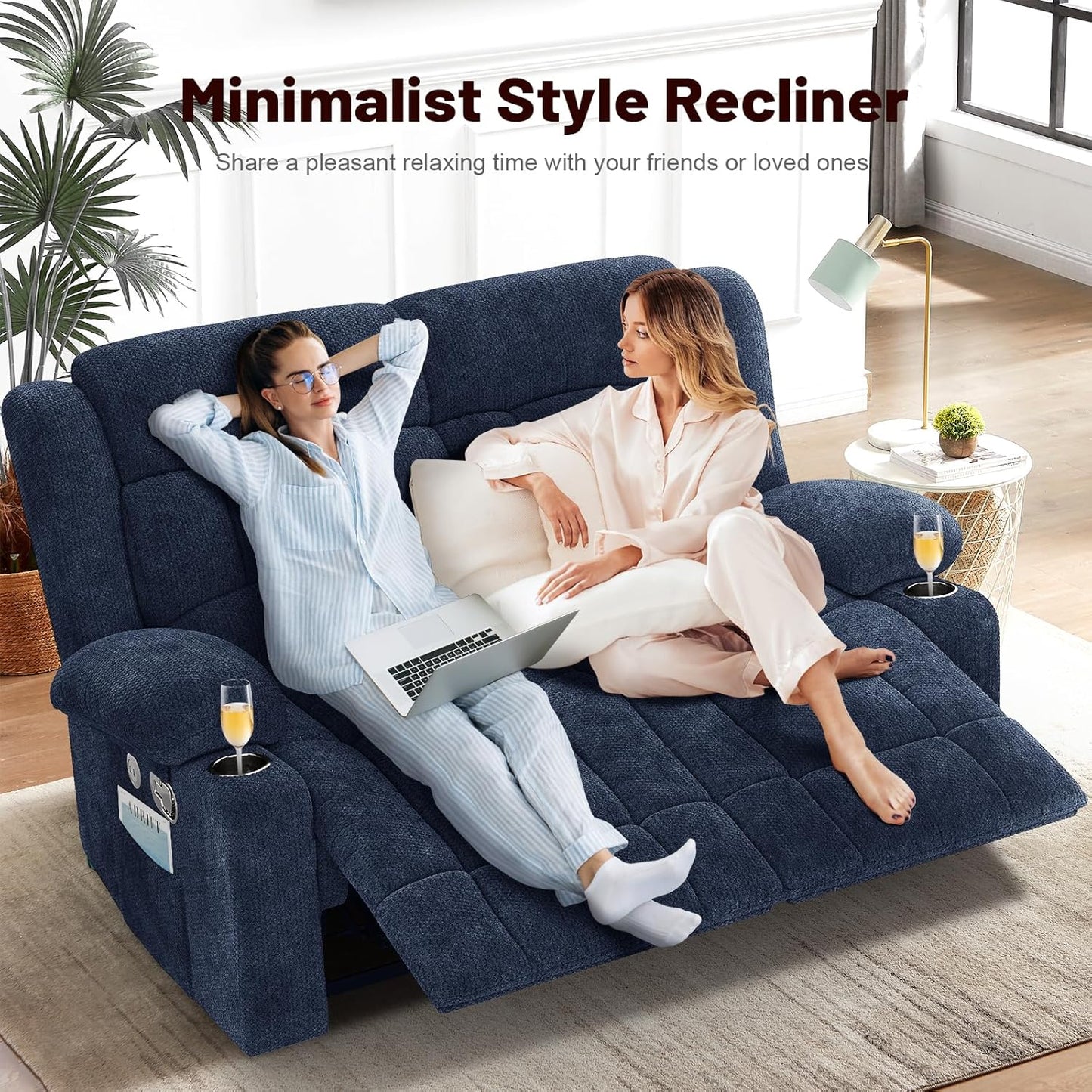 Loveseat Recliner Sofa, 2 Seater Minimalist Style Fabric Manual Pull Tab Reclining Loveseat with