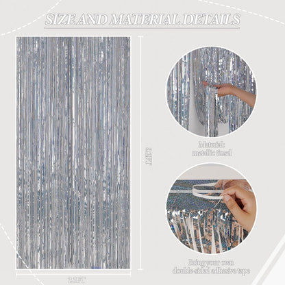 3 Pack Foil Fringe Backdrop - Laser Silver Shiny Tinsel Curtains for Party Decoration/Photo Booth