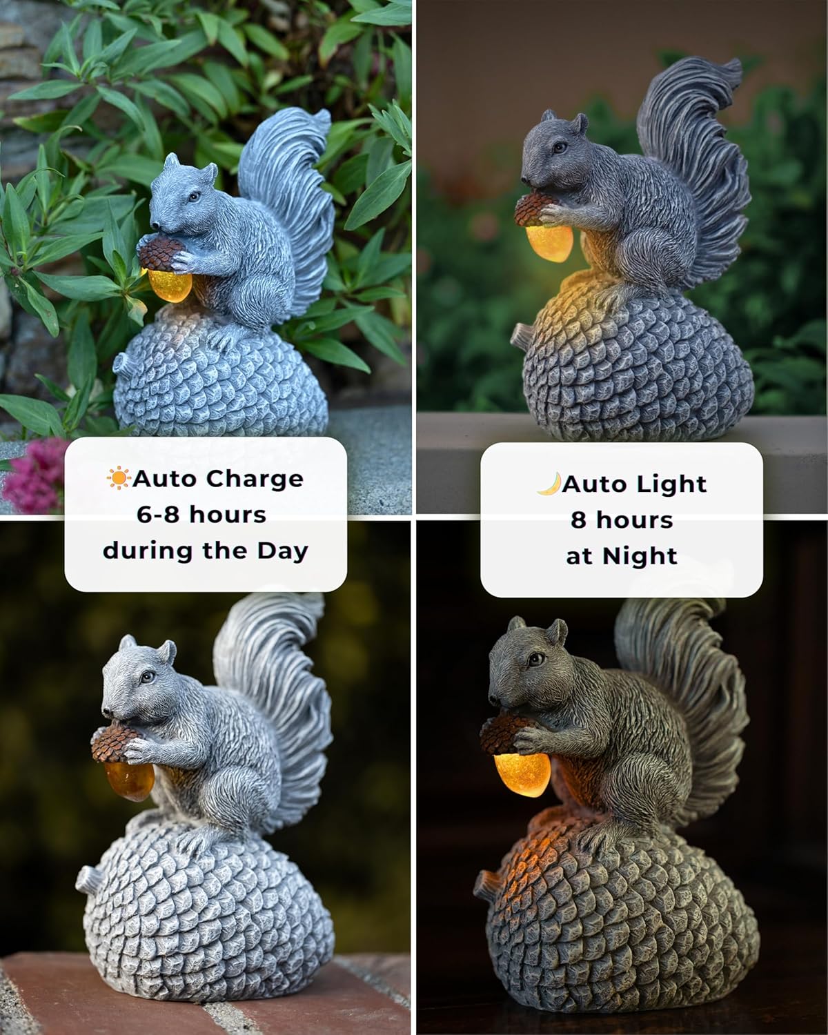 Solar Garden Statue – Hand-Painted Resin Squirrel on Pinecone with Glowing LED Acorn – Charming