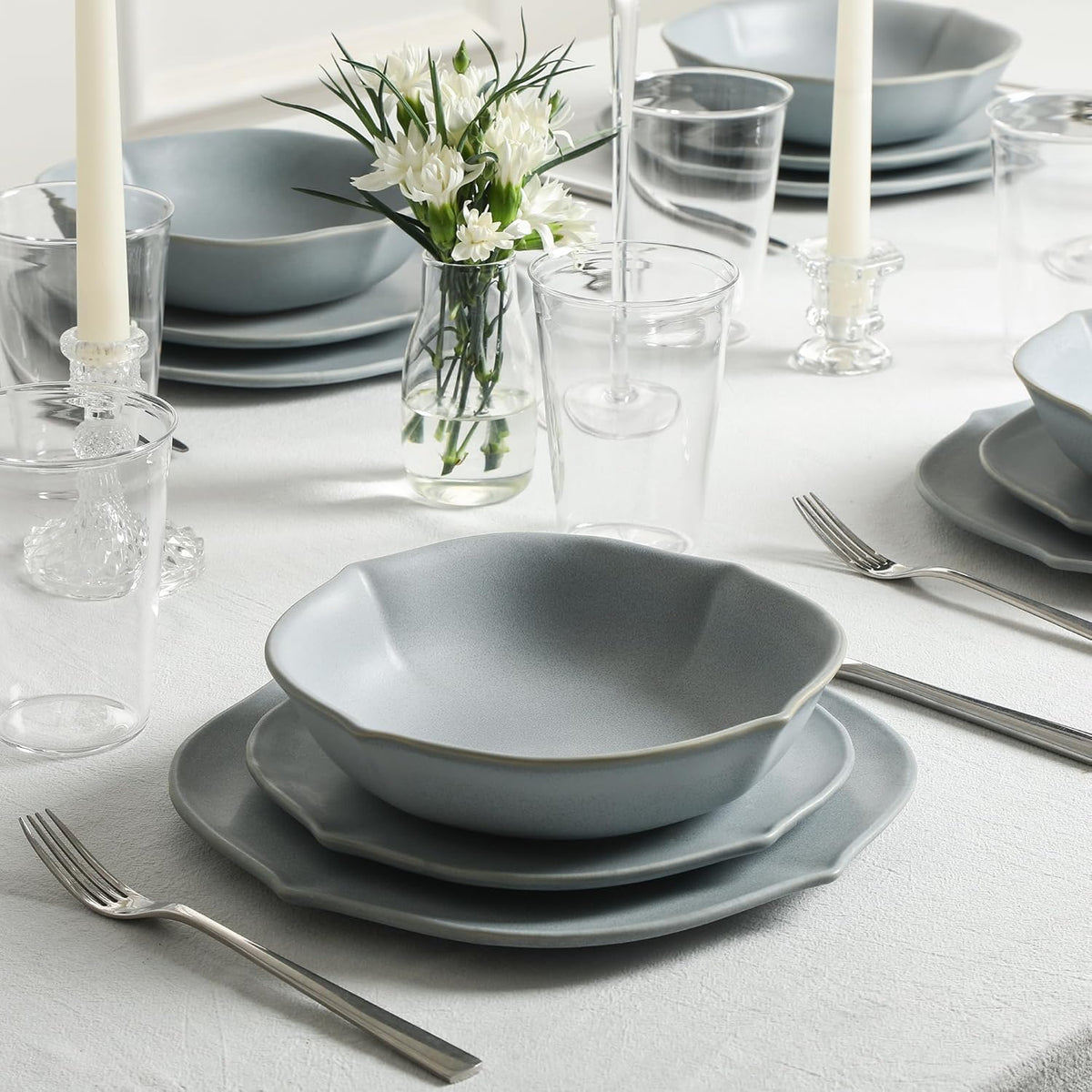 Stone Lain Baskerville 32-Piece Dinnerware Set Stoneware, Borosilicate Glass, Light Blue