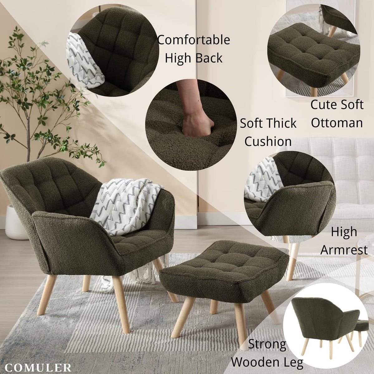 Green Sherpa Accent Chair with Ottoman ，Modern Reading Chair with Ottoman Set, Comfy Fuzzy Armchair