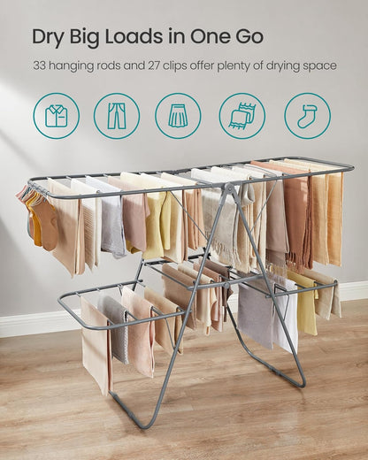 SONGMICS Clothes Drying Rack, Foldable 2-Level Laundry Drying Rack, Free-Standing Laundry Airer