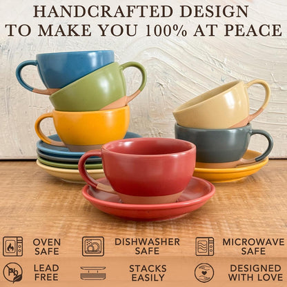 Mora Ceramic Latte Art Mug With Saucer - 10.5 oz, Round Bottom For Perfect Pours - Cafe Cups for