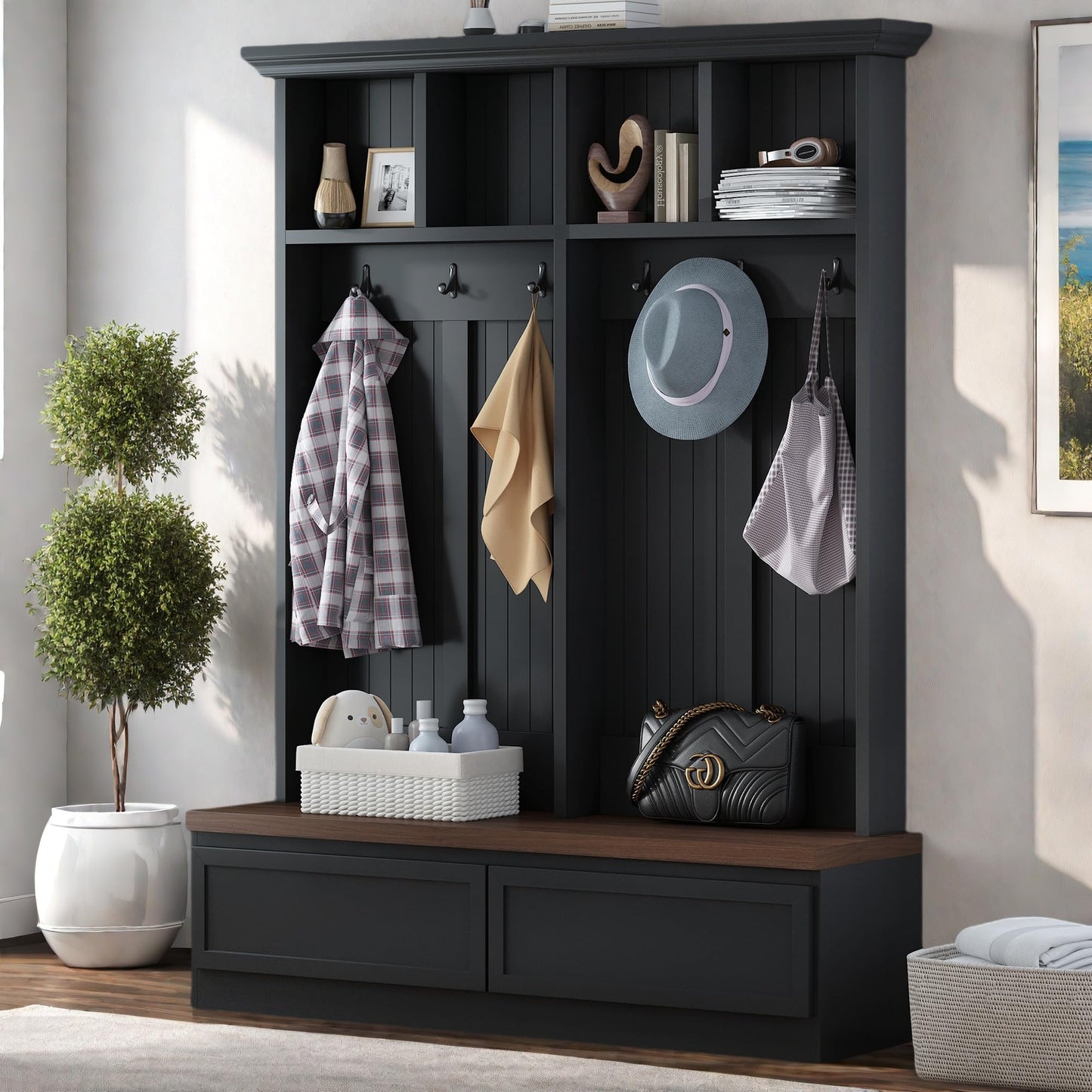 Merax Farmhouse Wood Hall Tree with Bench and Storage Drawers, 4-in-1 Coat Rack with 6 Hooks for