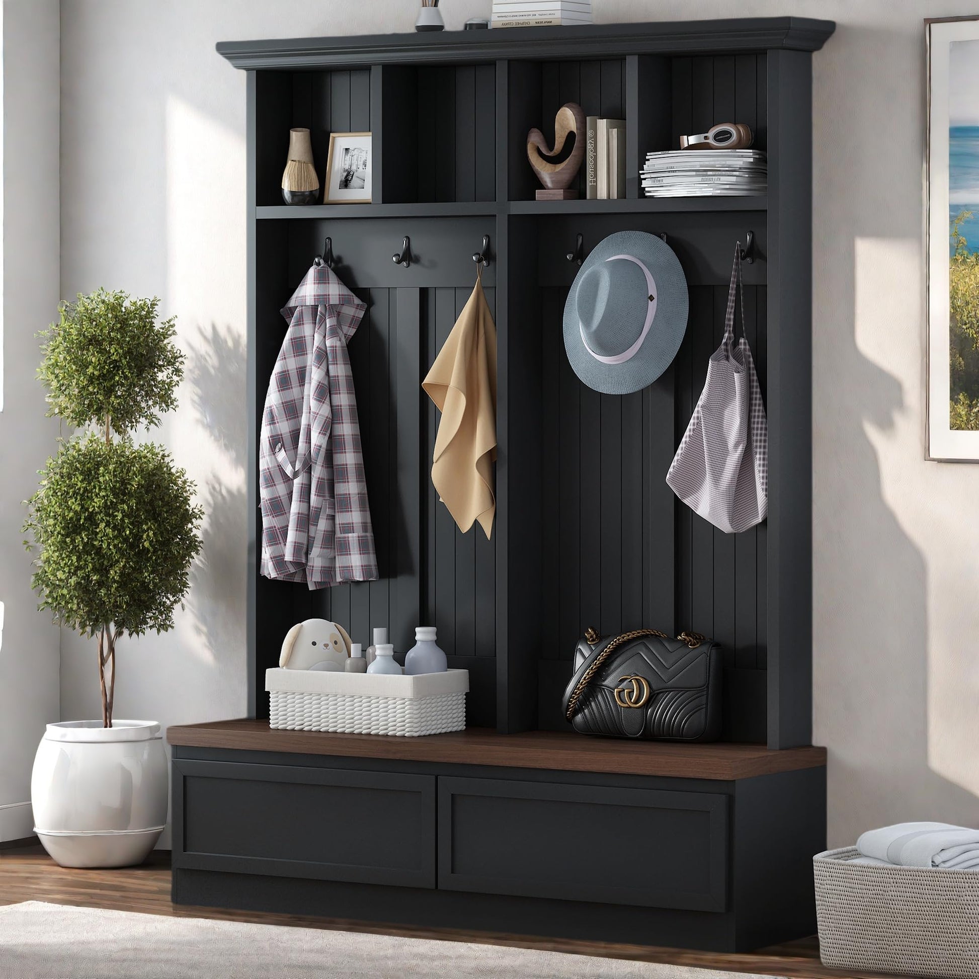 Merax Farmhouse Wood Hall Tree with Bench and Storage Drawers, 4-in-1 Coat Rack with 6 Hooks for