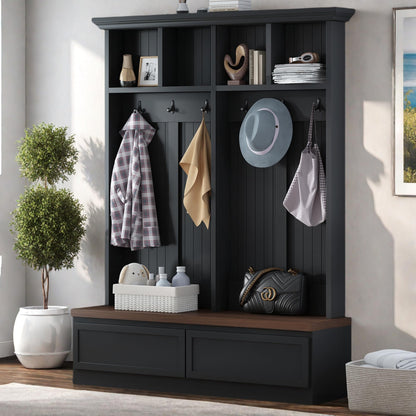 Merax Farmhouse Wood Hall Tree with Bench and Storage Drawers, 4-in-1 Coat Rack with 6 Hooks for