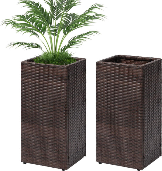 LEWIS&WAYNE Set of 2 Tall Planters for Outdoor Plants Handmade 24'' Wicker Tall Square Planter Box