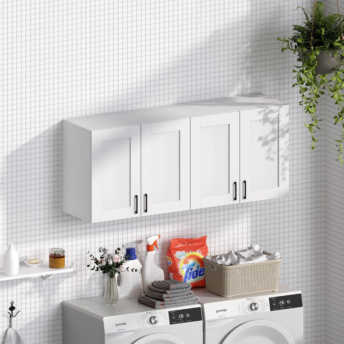 White Laundry Room Cabinets and Storage with 3 Doors and Utility Adjustable Shelf，Gabinetes Para
