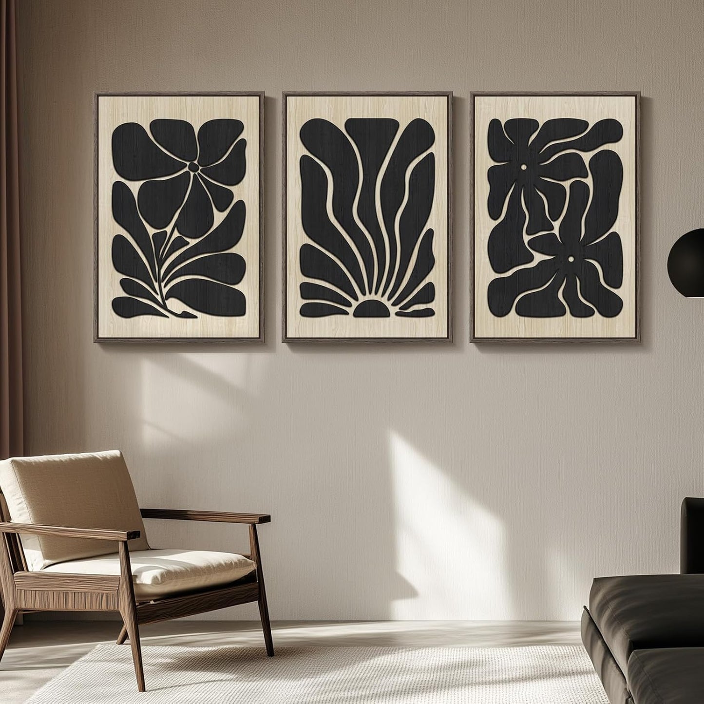 Framed Textured Wood 3D Wall Art for Living Room, Large Boho Floral Black and Beige Artwork for