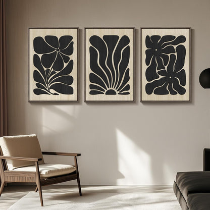 Framed Textured Wood 3D Wall Art for Living Room, Large Boho Floral Black and Beige Artwork for