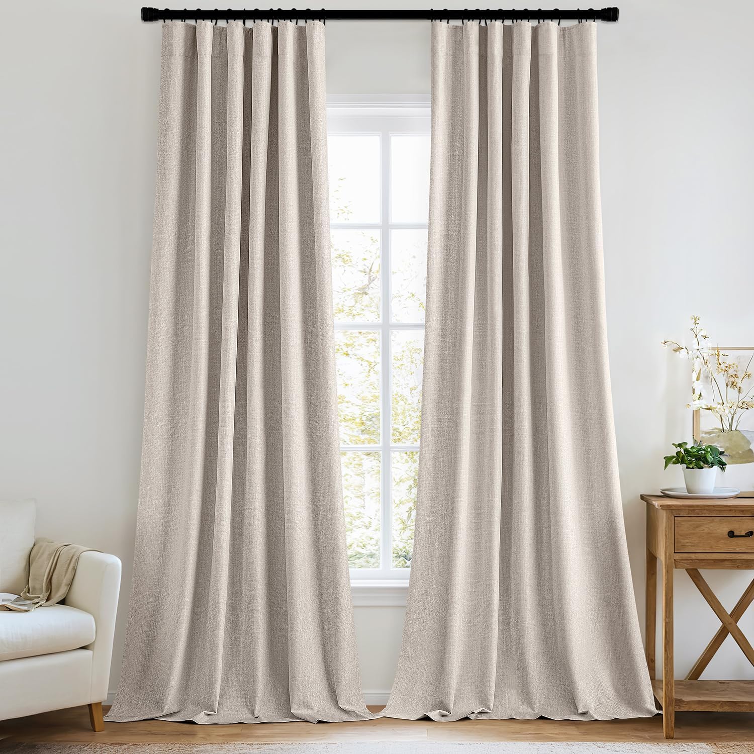 MIULEE 100% Blackout Curtains 120 Inch Long 2 Panels Set for Bedroom, Thick Luxury Faux Linen Black
