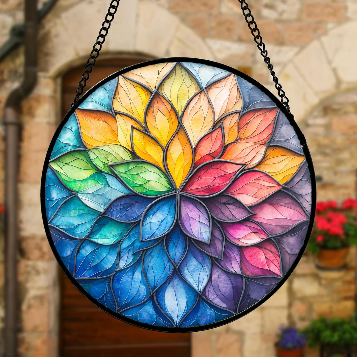 Stained Glass Window Hanging, Colorful Flower Petals Sun Catchers Diamond Glass Panel Hangings
