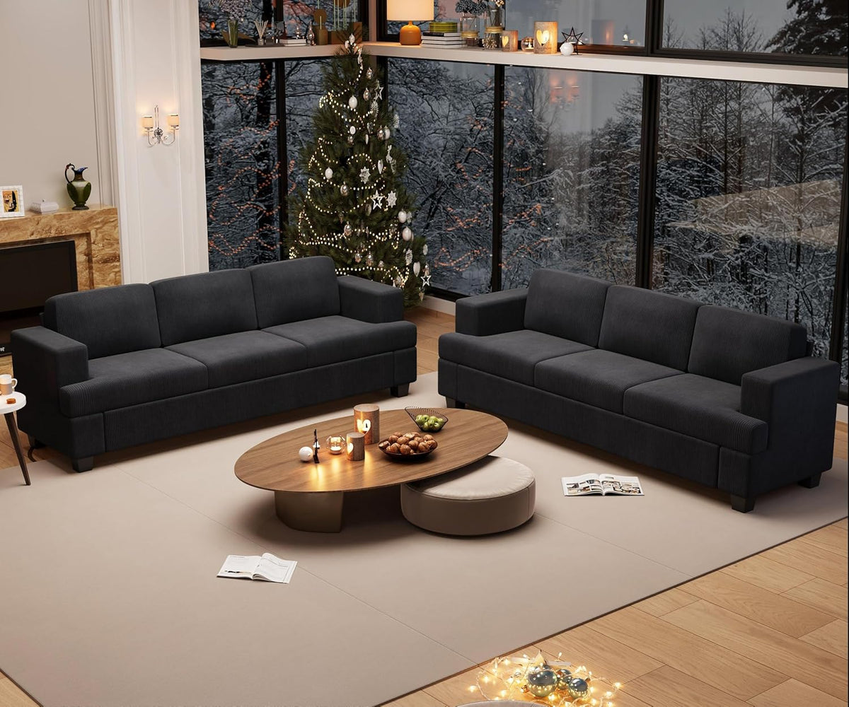 2 Piece Set Comfy Sofa Couch, 2 3-Seater Sofa with Deep Seats, Modern Sleeper Couch for Living