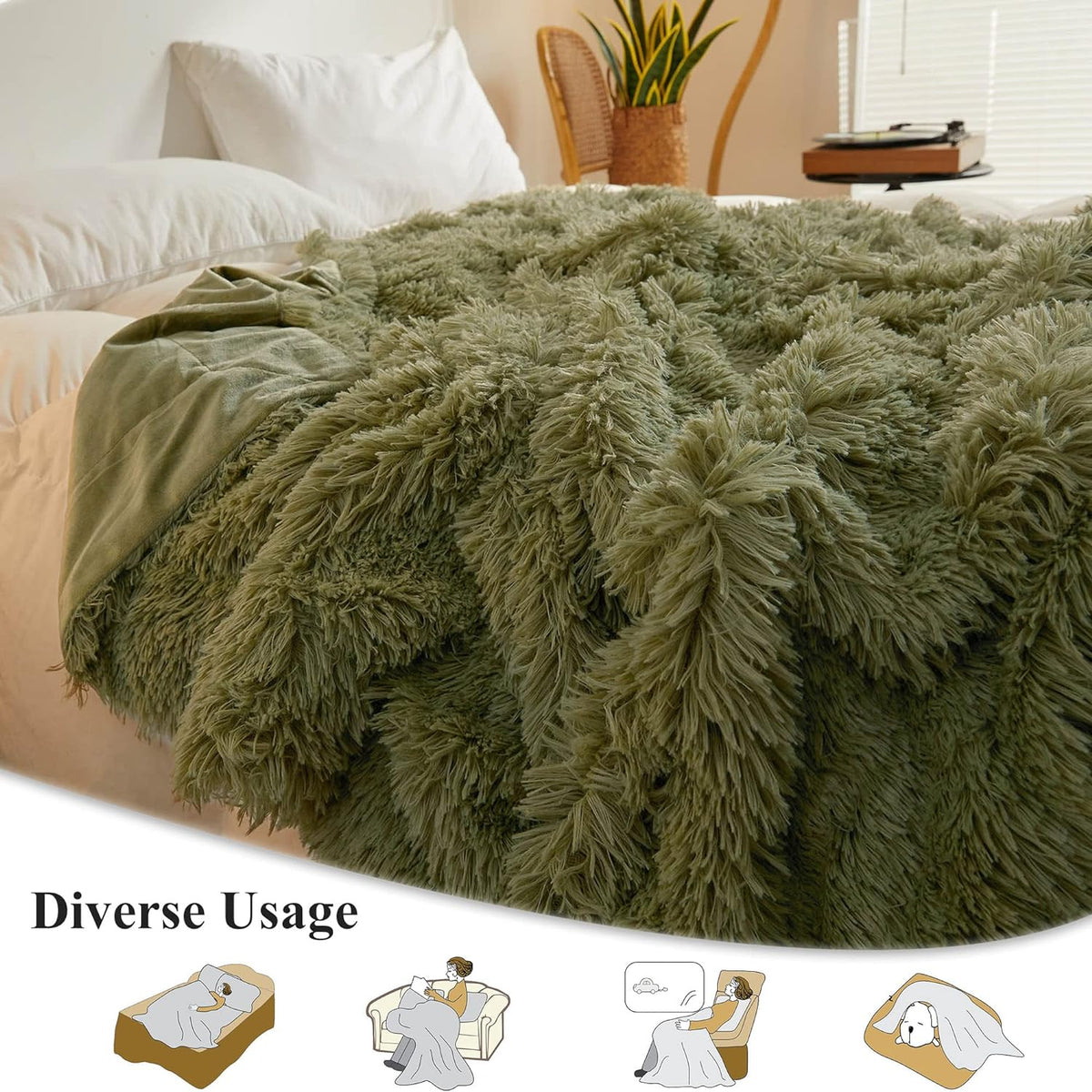 XeGe Luxury Faux Fur Blanket, Sage Green Soft Big Fluffy Throw, Shaggy Plush Decorative Couch