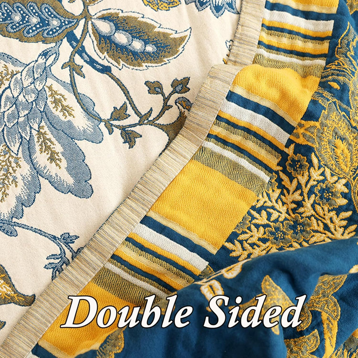 Snycler Boho Throw Blanket for Bed - 100% Cotton Ultra Soft Rustic Quilt - White Blue Floral