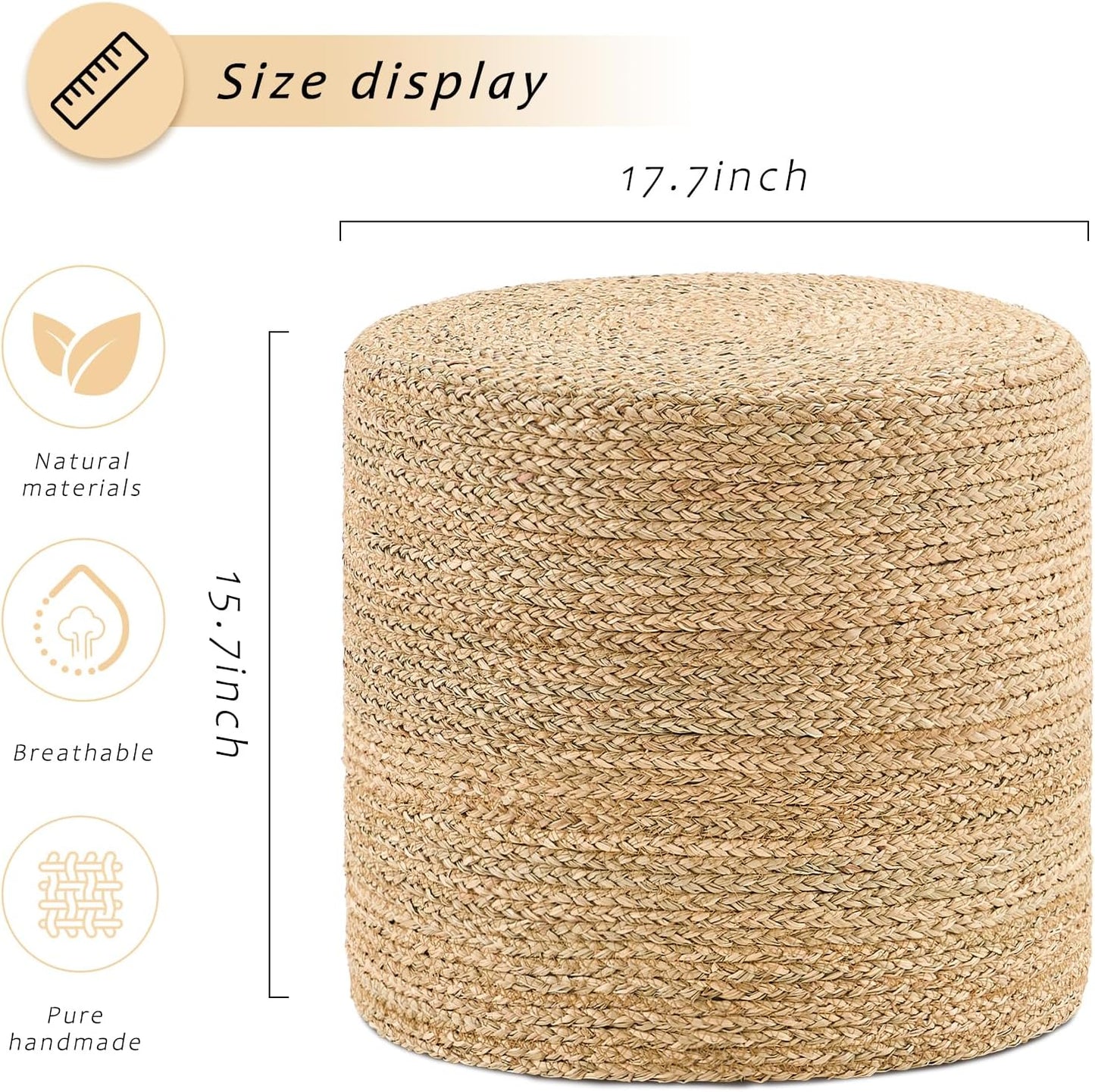 Handwoven Ottoman Pouf, Natural Seagrass Footstool, Round Braided Outdoor Seat with Sturdy Frame