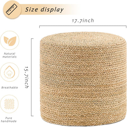 Handwoven Ottoman Pouf, Natural Seagrass Footstool, Round Braided Outdoor Seat with Sturdy Frame