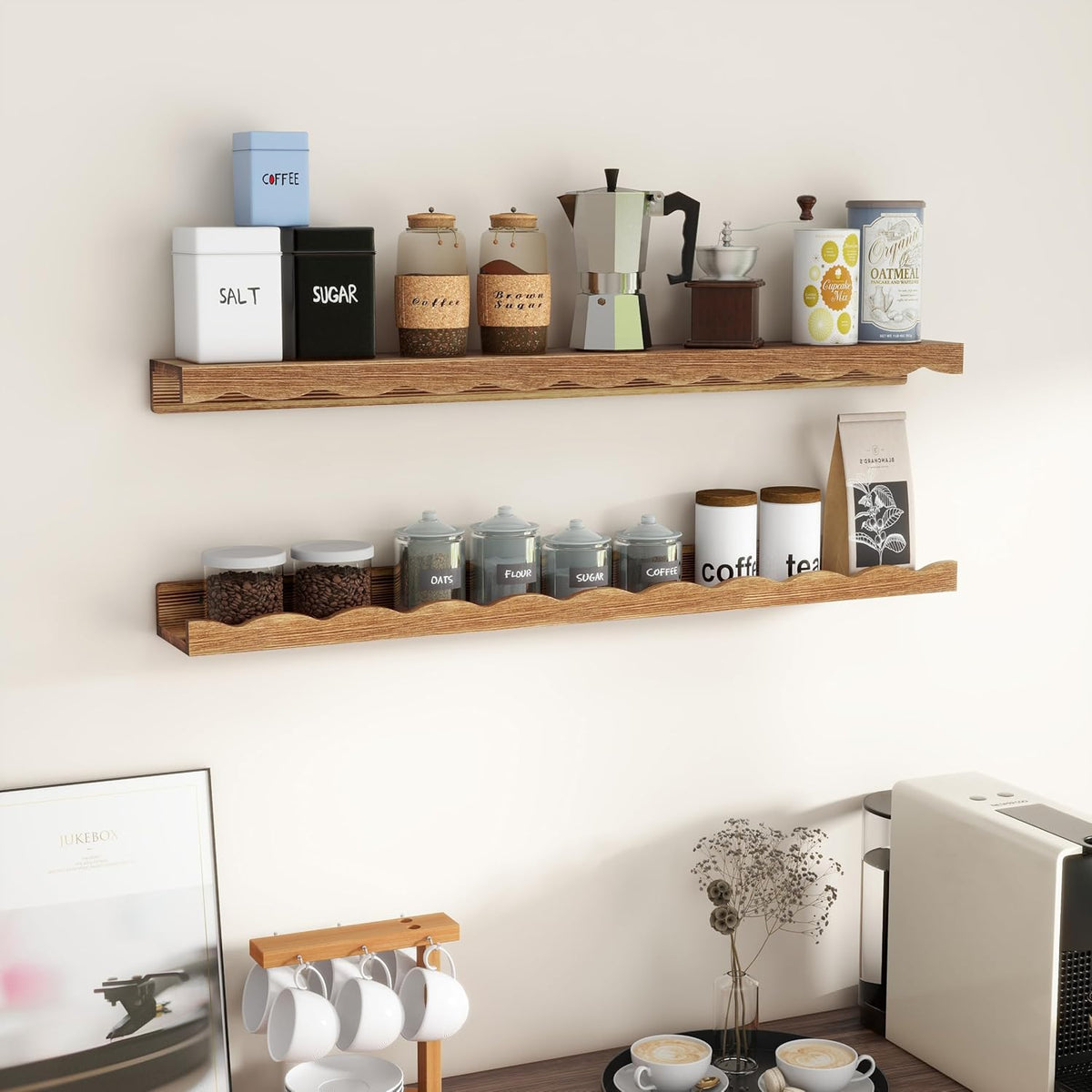Fun Memories Picture Ledge Shelf for Wall, 36 inch Pine Wood Nursery Book Shelves Set of 2- Wall
