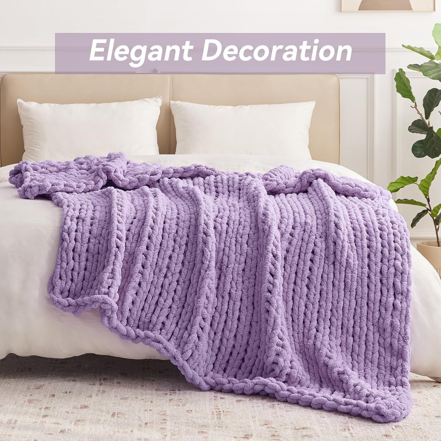 Chunky Knit Throw Blanket, 50''*60'' Knitted Throw Chenille Yarn for Bed Couch, Handmade Light