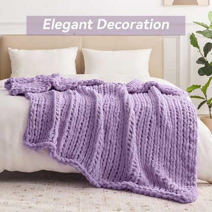 Chunky Knit Throw Blanket, 50''*60'' Knitted Throw Chenille Yarn for Bed Couch, Handmade Light