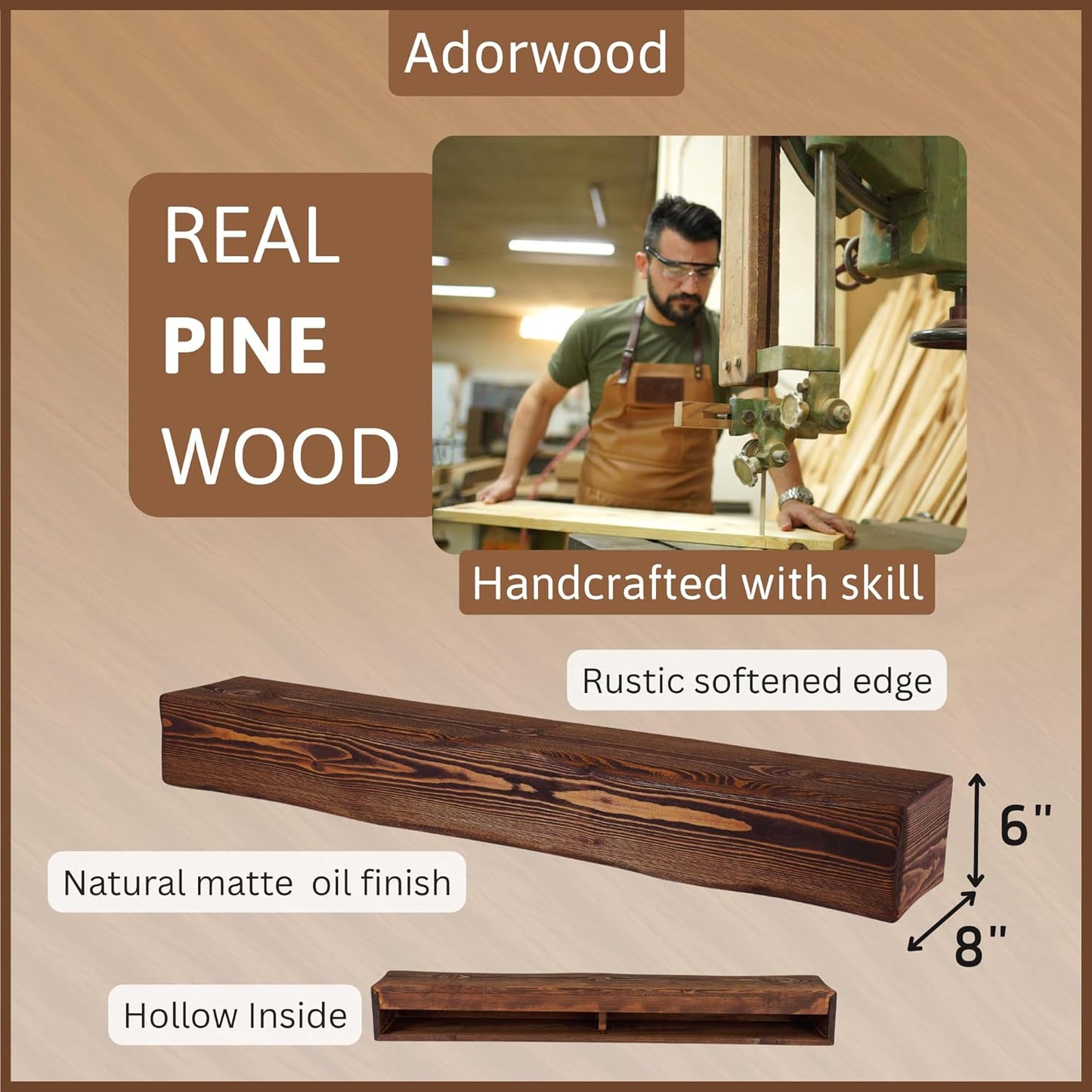 Handmade Fireplace Mantel Shelf, Extra Wide Rustic Wood Mantles for Over Fireplace, Wall Mounted