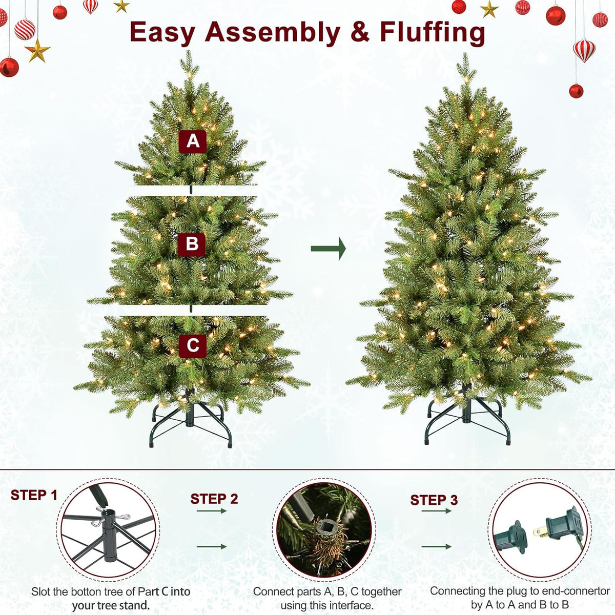 4FT Pre-Lit Artificial Christmas Tree with 628 PE&PVC Mixed Branch Tips, 200 Warm White Lights