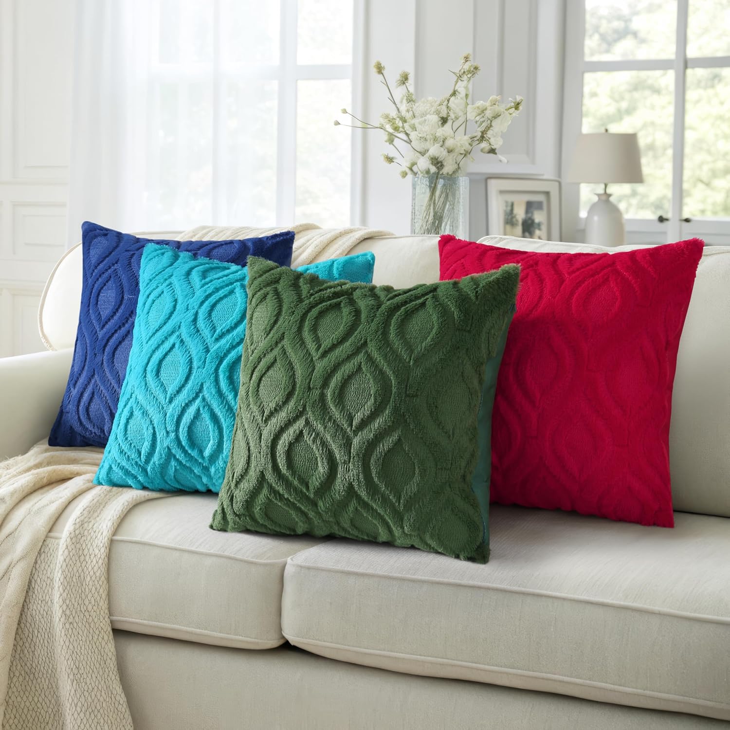 decorUhome Fall Throw Pillow Covers 24x24 Inch Set of 2, Soft Plush Decorative Faux Fur Turquoise