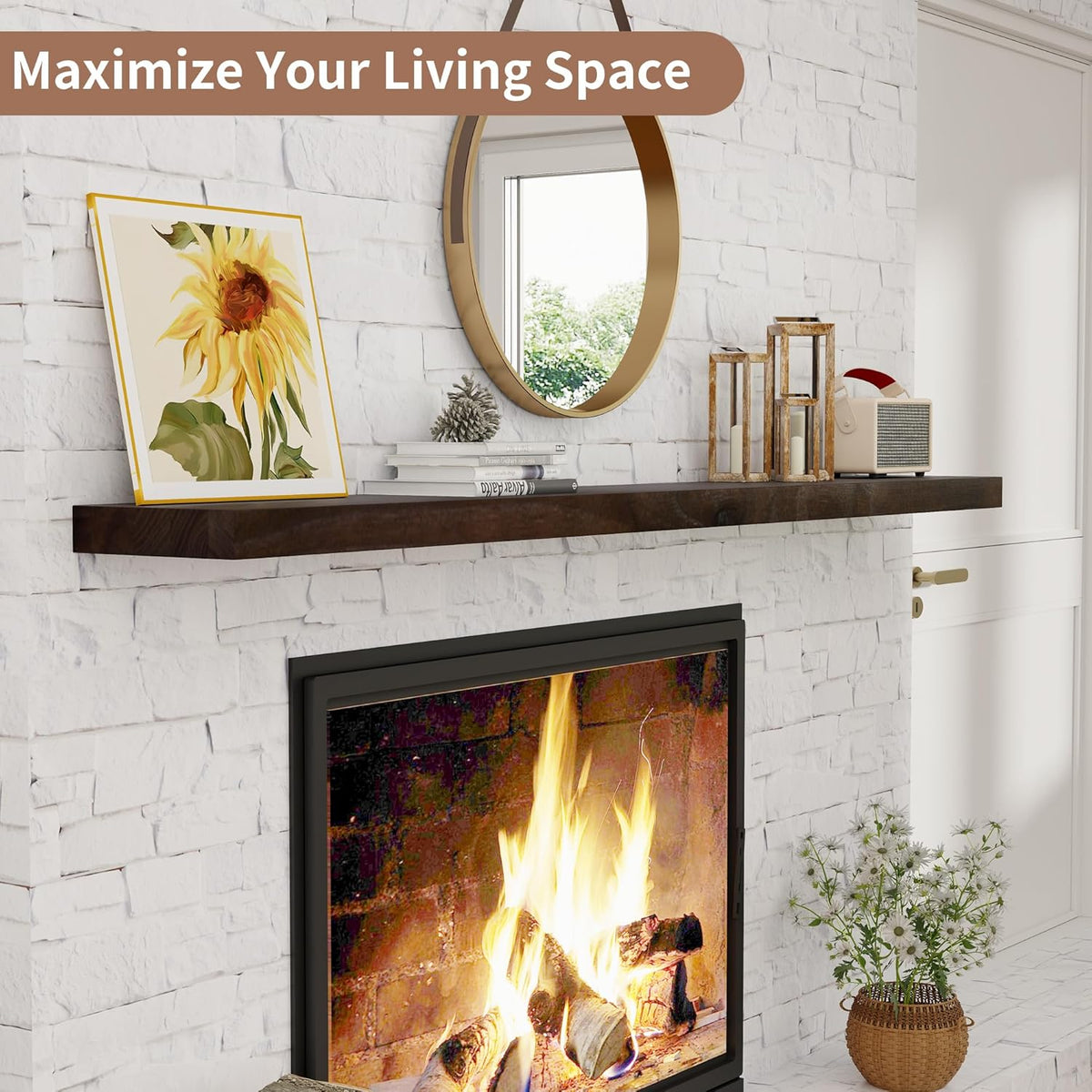 Axeman Floating Shelves for Wall, Rustic Elm Wood 72'' W x 8" D Wall Mantel Shelf with Invisible